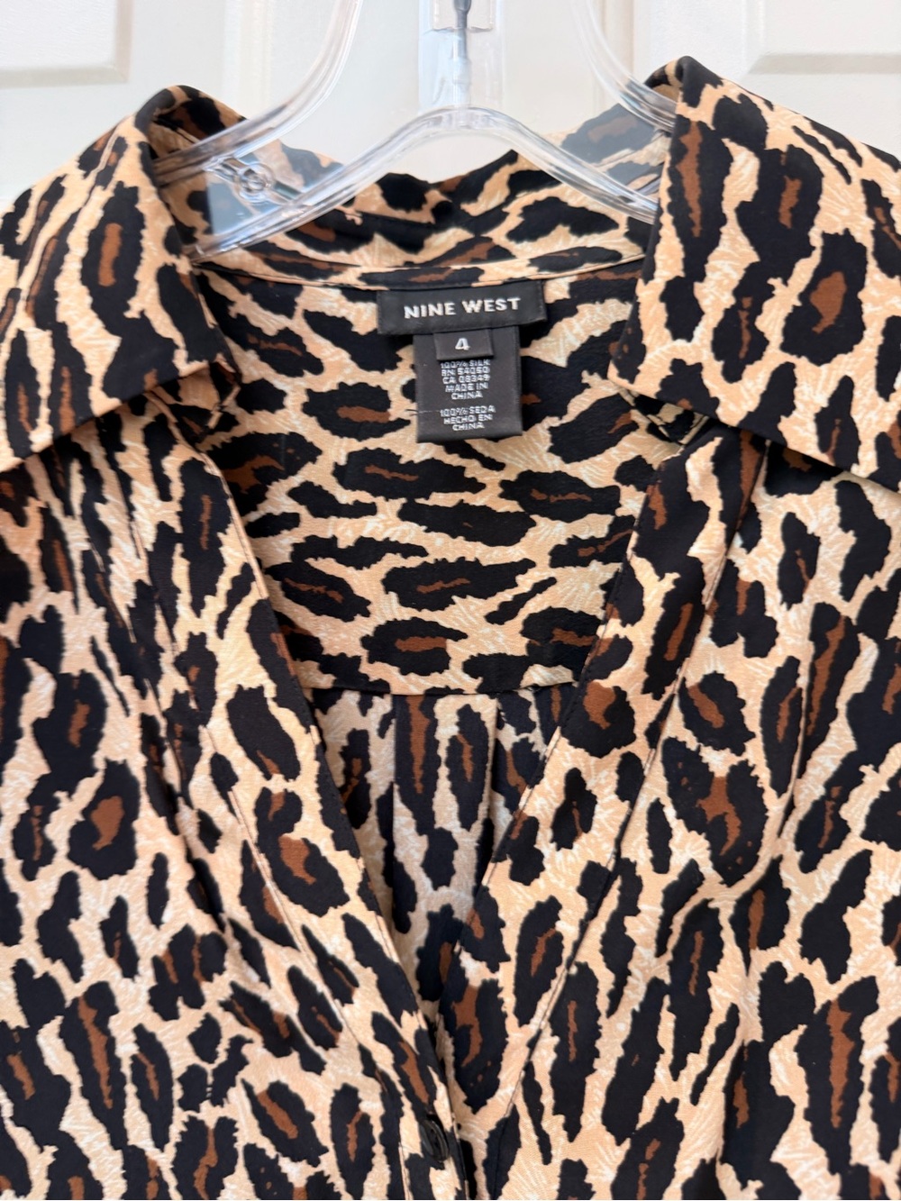 Nine West Silk Leopard Print Long Sleeve Dress, Black,Brown,Tan, Qtr Button Sz 4 - Picture 3 of 14